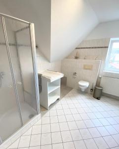 a bathroom with a shower and a toilet at Ferienwohnungen Grimma 6 in Grimma