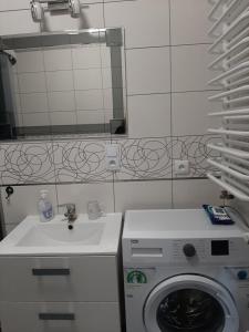 ein Badezimmer mit einer Waschmaschine und einem Waschbecken in der Unterkunft STUDIO ZAMKOWA OLECKO in Olecko