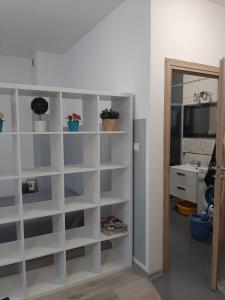 ein weißes Bücherregal in einem Raum mit Topfpflanzen in der Unterkunft STUDIO ZAMKOWA OLECKO in Olecko
