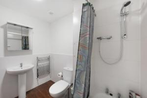 een badkamer met een toilet, een wastafel en een douche bij Modern Shoreditch flat next to station with lift and views in Londen