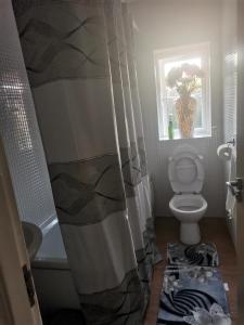 a bathroom with a toilet and a shower curtain at Beautiful 1-Bed House in Manchester in Manchester