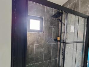 La salle de bains est pourvue d'une douche et d'une fenêtre. dans l'établissement Tiny House Betuwe, à Tricht