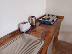 a toaster and a toaster sitting on a wooden counter at Pongwe Eco Lodge and kitten paradise. in Mdudu Mdogo