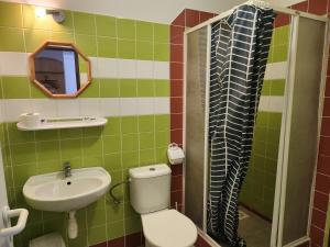 a green tiled bathroom with a toilet and a sink at Penzion u Martina in Liberec