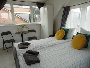 ein Schlafzimmer mit einem großen Bett mit gelben und grünen Kissen in der Unterkunft Pension Schier in Zandvoort