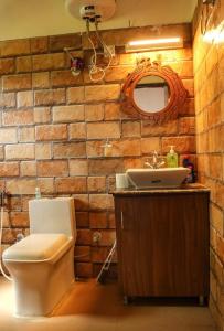 uma casa de banho com um WC, um lavatório e um espelho. em Aaryam villa em Mukteshwar