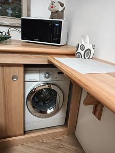 a microwave sitting on a counter next to a washing machine at Freddie house in Albiano