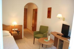 ein Wohnzimmer mit einem Sofa, einem Stuhl und einem TV in der Unterkunft Gasthof & Hotel Wolfsegger in Engerwitzdorf