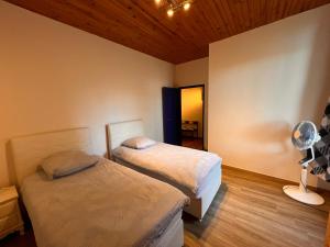 1 dormitorio con 2 camas y ventilador en Le gite des mariniers, en Saint-Pierre-de-Boeuf