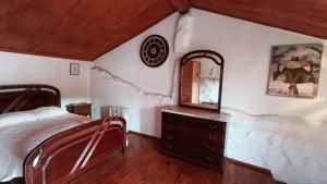 Schlafzimmer mit einem Bett, einer Kommode und einem Spiegel in der Unterkunft Orion Guesthouse Telhado in Fundão