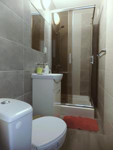 カルパチにあるMalinowy Domekのバスルーム(トイレ、洗面台、シャワー付)