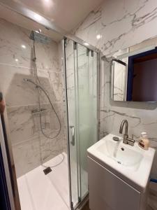 La salle de bains est pourvue d'une douche, d'un lavabo et d'une cabine de douche en verre. dans l'établissement Le gite des mariniers, à Saint-Pierre-de-Boeuf