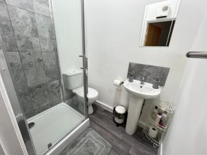 a bathroom with a shower and a toilet and a sink at Coventry station Deluxe studio in Coventry