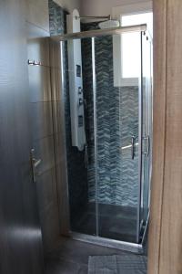 a shower with a glass door in a bathroom at Willow Home in Chaïdeftón