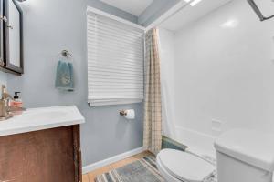 a bathroom with a toilet and a sink and a shower at Central Falls Hideaway in Cuyahoga Falls +24 photos