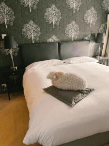 una oveja rellena está sentada en una cama en The Cheviot Hotel, en Bellingham