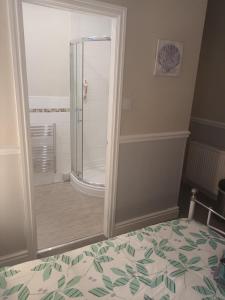 a bathroom with a shower and a bed in a room at The Beaches in Scarborough