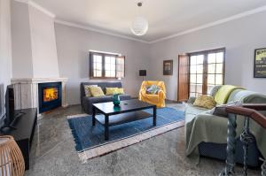 ein Wohnzimmer mit einem Sofa und einem Kamin in der Unterkunft Quinta da Palhota in Vila de Rei