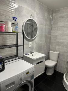 a bathroom with a washing machine and a sink at Apartamenty Bezrzecze in Szczecin