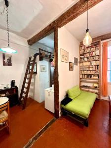 um quarto com um sofá verde num quarto com livros em Abbaye - Appartement spacieux au coeur du Vieux-Nice em Nice