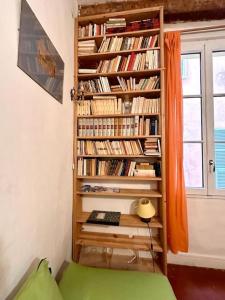uma prateleira cheia de livros ao lado de uma janela em Abbaye - Appartement spacieux au coeur du Vieux-Nice em Nice