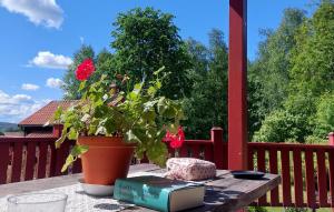 a table with a book and a potted plant on a deck at Beautiful Home In Leksand With Wifi in Leksand