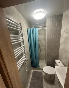 a bathroom with a toilet and a shower with a blue shower curtain at VISTA Apartment in Mińsk Mazowiecki