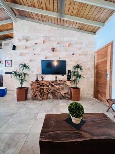 salon z telewizorem na kamiennej ścianie w obiekcie Casa en Villas Jubey con acceso al Hotel Emotion By Hodelpa w mieście Juan Dolio