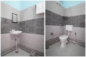 two pictures of a bathroom with a toilet and a sink at Hotel GRG Varanasi Paradise Varanasi in Varanasi