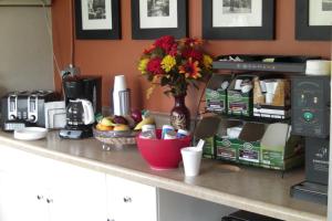 a kitchen counter with a coffee maker and a flower arrangement at Stardust Motel in North Stonington