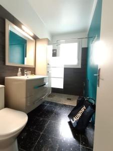La salle de bains est pourvue de toilettes blanches et d'un lavabo. dans l'établissement Maison L'écureuil, à Vernet-les-Bains