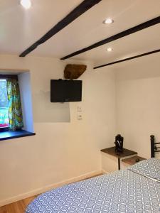 a bedroom with a bed and a flat screen tv on the wall at Manoir Le Rest in Lanrivain