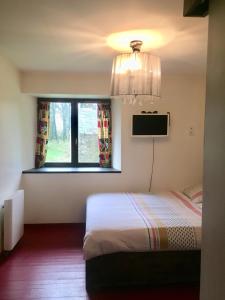 a bedroom with a bed and a television and a window at Manoir Le Rest in Lanrivain