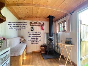 Fernwood في رينغوود: منزل صغير مع موقد خشب في الغرفة