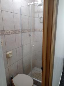 y baño con ducha y aseo. en KITNET MOBILIADA - PENHA, en Río de Janeiro