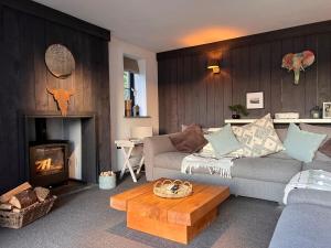 a living room with a couch and a fireplace at Stunning Dovey View - Ynyshir in Machynlleth