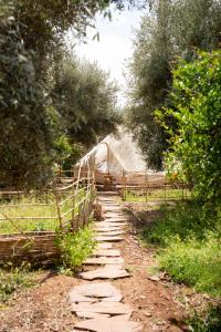 a stone path in a field with trees and a fence at La Ferme des Tipis Marrakech in Marrakech
