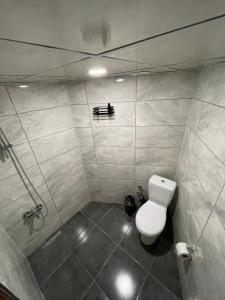 a bathroom with a toilet and a shower at BÜTÜNOĞLU PANSİYON in Antalya