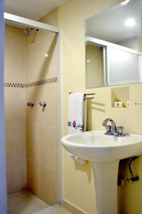 a bathroom with a sink and a shower with a mirror at Hotel Arizona in Mexico City
