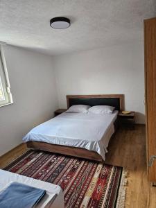 a bedroom with a bed and a rug at Skyland Apartment Prizren in Prizren