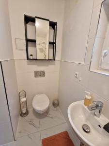 a white bathroom with a toilet and a sink at Apartment SweetDreams in Bremerhaven