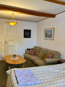 a living room with a couch and a table at B&B Ströprodukter in Eslöv