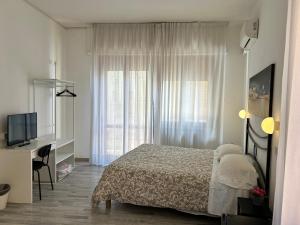 a bedroom with a bed and a desk and a television at Hotel Cecile in Pisa