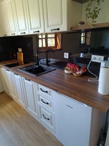 OriovčićKuća za odmor Djedov šešir的配有白色橱柜和木质台面的厨房