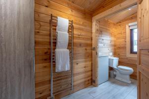 a bathroom with a toilet and wooden walls at Sun Hill Farmhouse in Leyburn