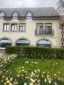 une maison avec un champ de fleurs devant elle dans l'établissement Ferienwohnung Amperblick Fürstenfeldbruck, à Fürstenfeldbruck