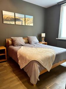 a bedroom with a large bed with two windows at App De Panne 1 in De Panne