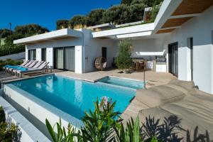 a villa with a swimming pool and a house at Villa Euphoria in Pogoniá