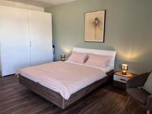 Apartment Suite Classic-15 by Interhome في أسكونا: غرفة نوم مع سرير مع وسائد وردية وأريكة