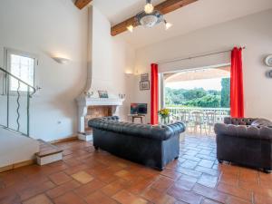 ein Wohnzimmer mit Ledermöbeln und einem Kamin in der Unterkunft Holiday Home Bartavelle - MAX205 by Interhome in Guerre Vieille